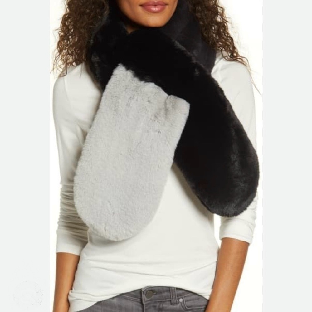 Black grey gray faux fur pull through scarf glam